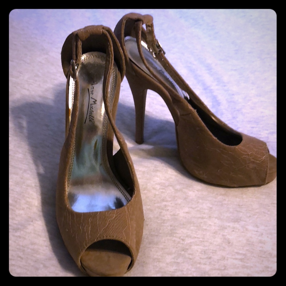 Brown peep toe lace heels